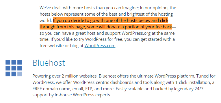 Bluehost wordpress hosting affiliate disclaimer