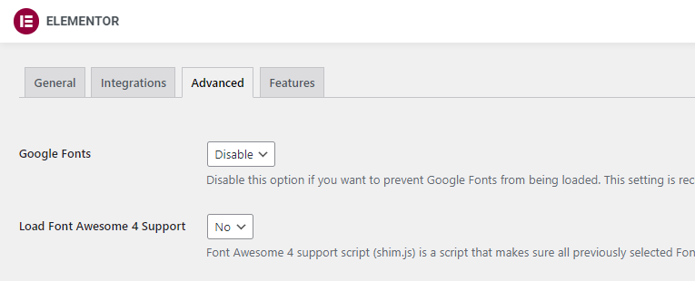 Elementor disable google fonts font awesome