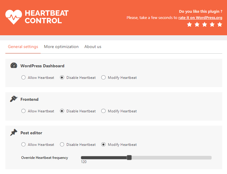 Heartbeat control plugin settings