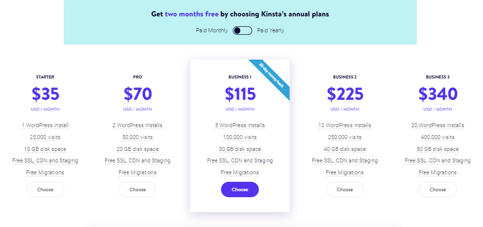 Kinsta monthly pricing