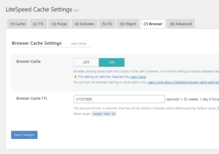 Litespeed cache browser cache settings