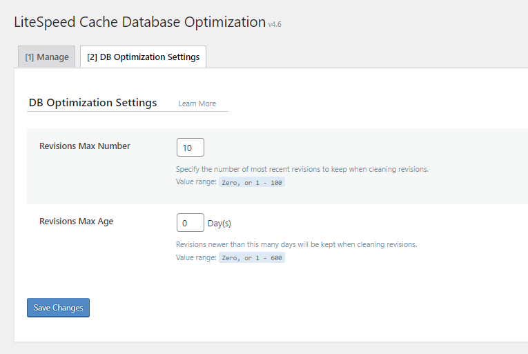 Litespeed cache db optimization settings
