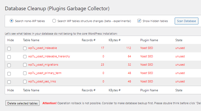 Plugins garbage collector database cleanup