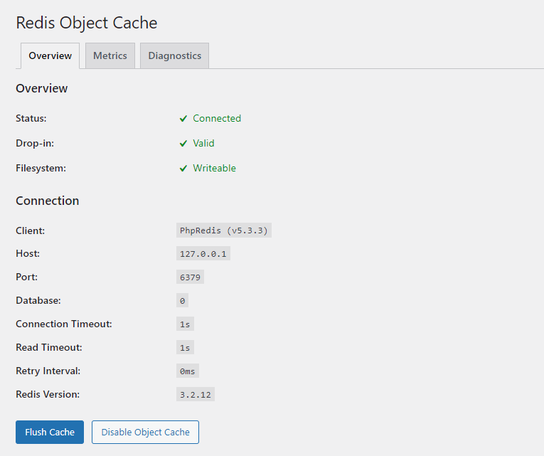 Redis object cache plugin settings