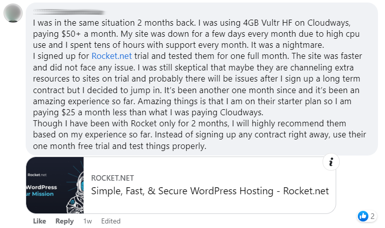 Rocket. Net vs cloudways cpu usage