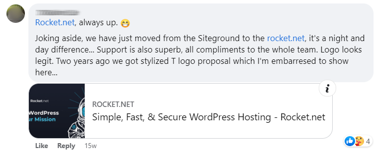 Rocket. Net vs siteground comment
