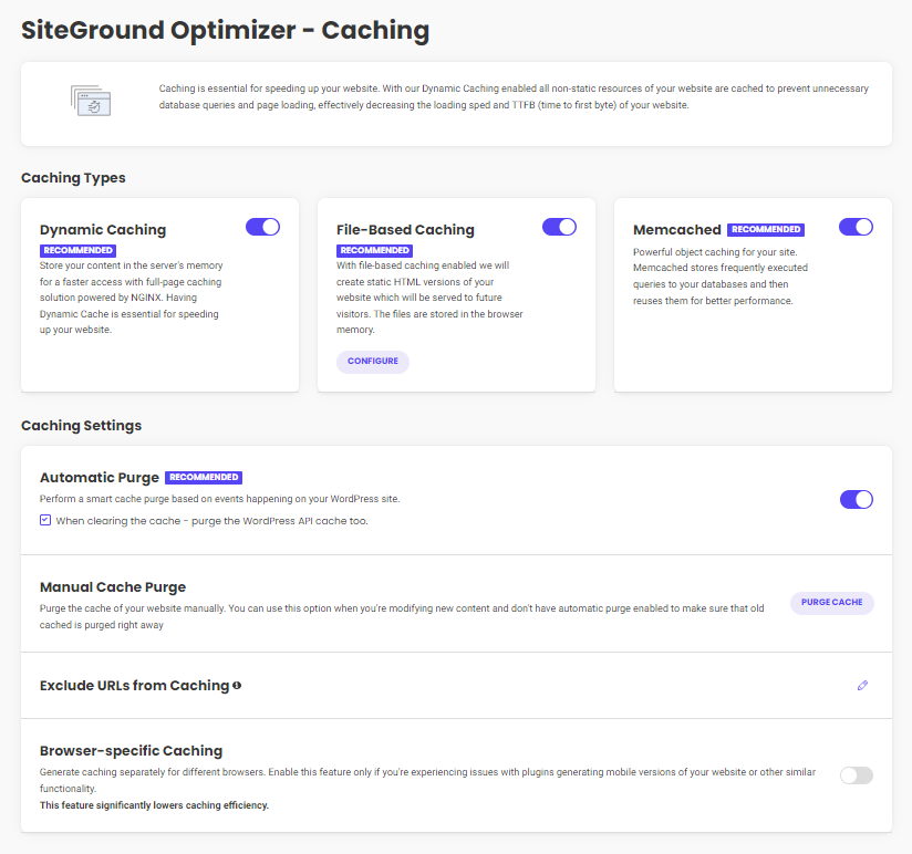 Siteground optimizer caching settings