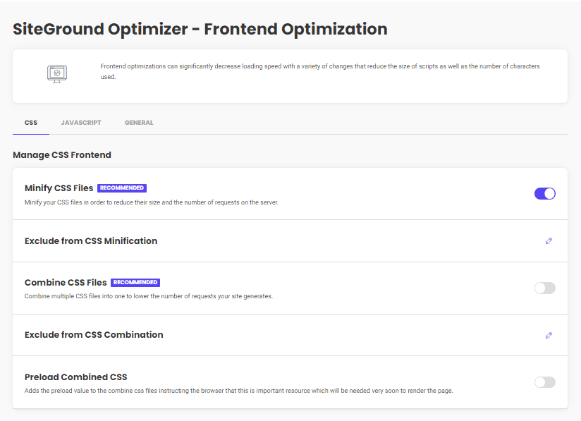 Siteground optimizer css settings
