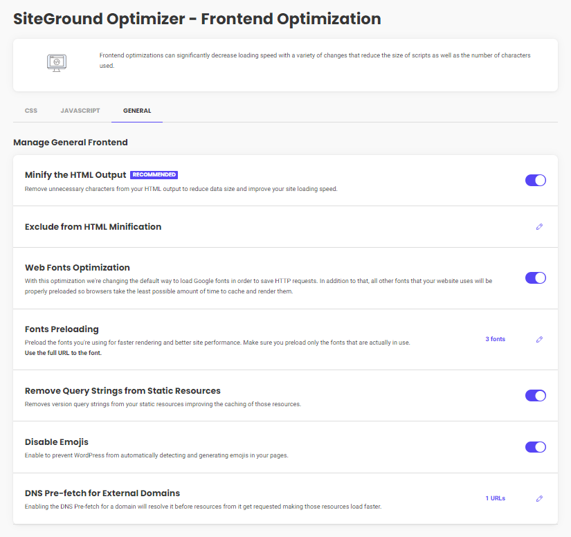 Siteground optimizer frontend general settings