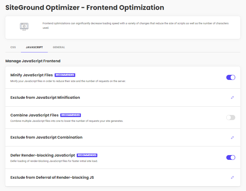 Siteground optimizer javascript settings