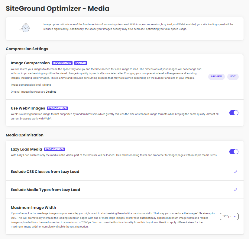 Siteground optimizer media settings