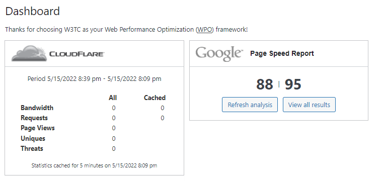 W3 total cache cloudflare google pagespeed insights dashboard